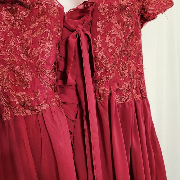 UNKNOWN Garnet Red High Low Corset Lace Sheer Prom Wedding Womens 22 FLAWED - Picture 9 of 12
